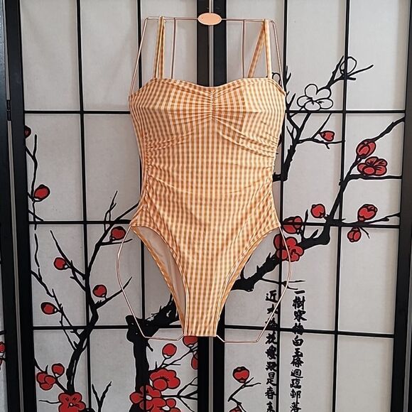 Peony Le Jardins Mandarin Square Neck One-piece Swimsuit In Orange and white - Picture 2 of 5